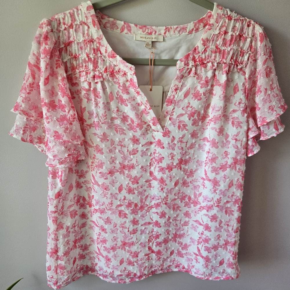 Skies Are Blue Pink Floral Swiss Dot Ruffle Sleeve Blouse - Size Small